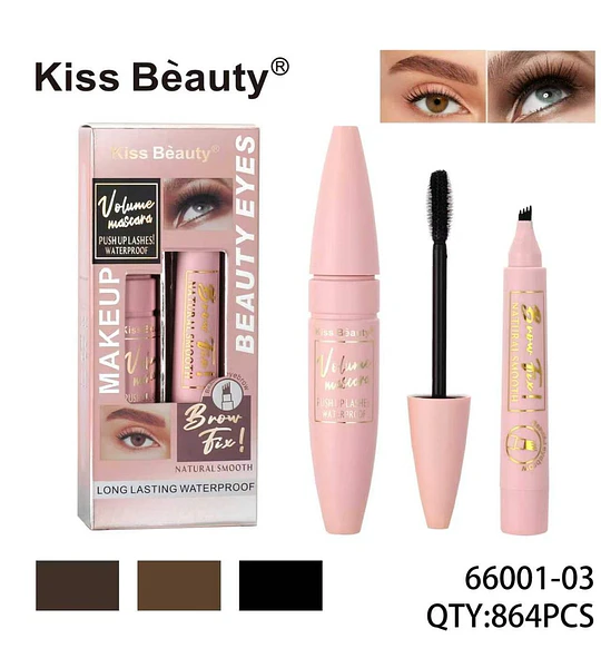 Set de Maquillaje de Ojos Kiss Bèauty: Máscara de Volumen Waterproof y Fijador de Cejas