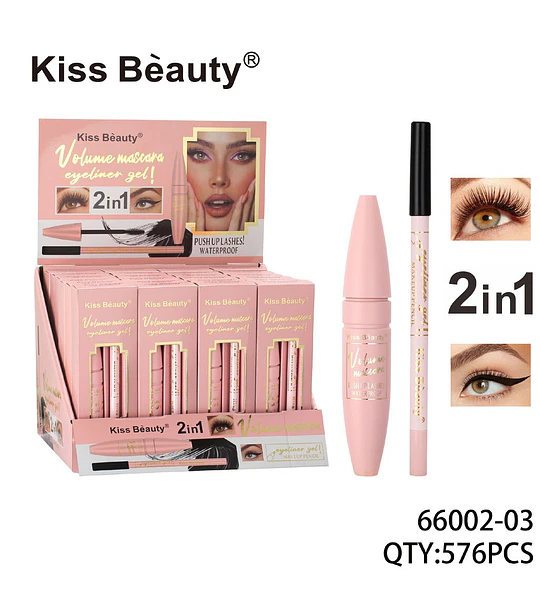 Máscara de Pestañas Volumen y Delineador en Gel 2 en 1 Kiss Bèauty Waterproof
