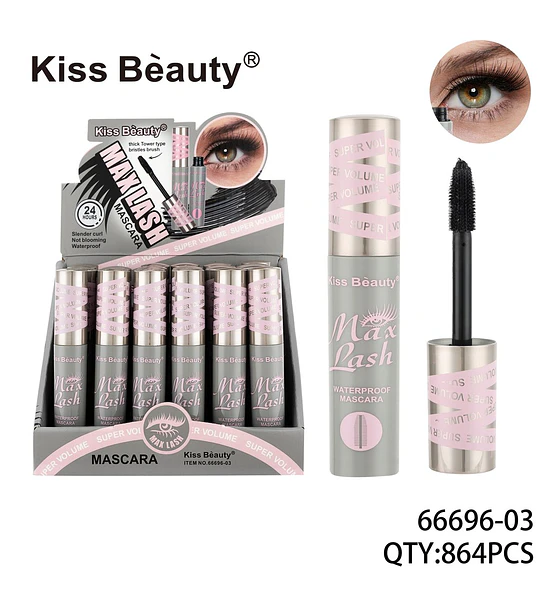 Máscara de Pestañas Kiss Beauty Max Lash Waterproof Super Volumen 24 Horas