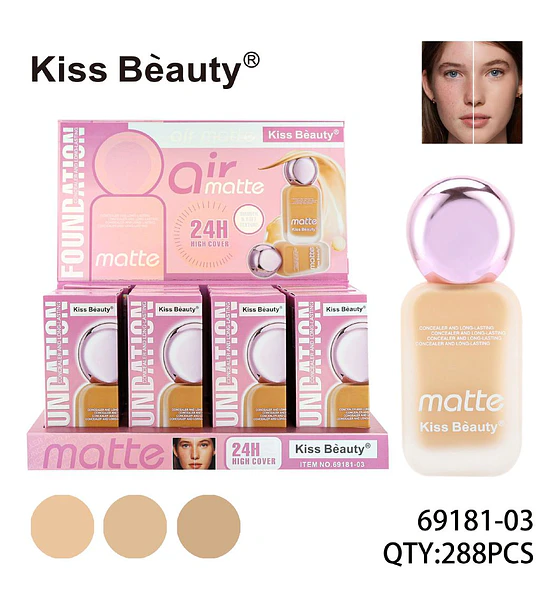 Base de Maquillaje Air Matte Larga Duración Kiss Beauty 24H Alta Cobertura