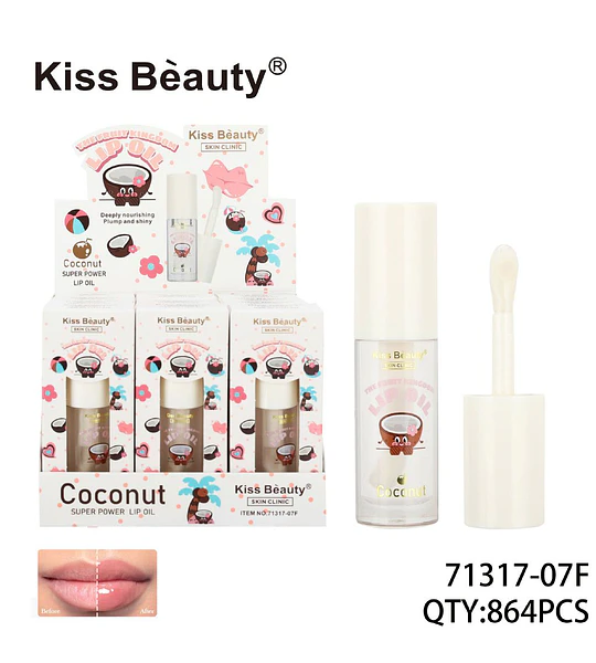 Aceite labial nutritivo de coco Kiss Bèauty para labios voluminosos y brillantes