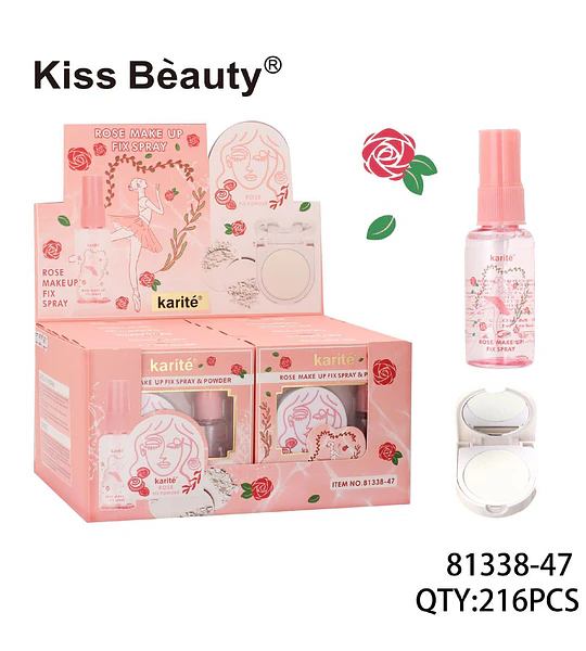 Set Fijador de Maquillaje Kiss Beauty con Spray y Polvo de Rosa