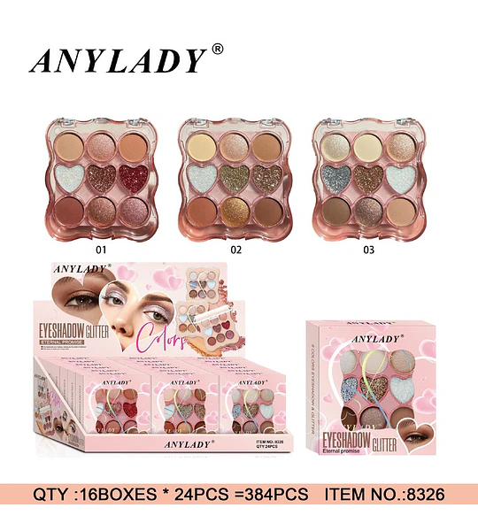 Paleta de Sombras de Ojos Glitter con 9 Tonos y Diseño de Corazón ANYLADY
