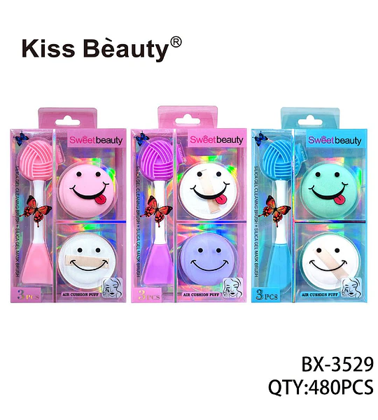 Set de 3 Accesorios de Maquillaje y Skincare con Cepillo de Silicona y Puffs Kiss Bèauty
