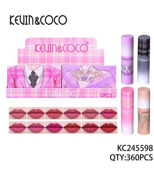 Set de 12 Labiales Mate KEVIN&COCO con Tonos Variados y Acabado Suave