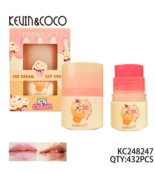 Bálsamo labial hidratante KEVIN&COCO con diseño de helado y brillo sutil