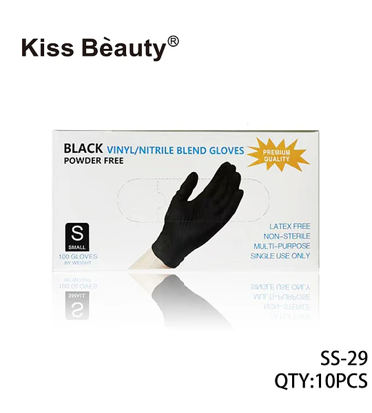 Guantes Negros de Vinilo/Nitrilo sin Polvo Kiss Bèauty Talla S