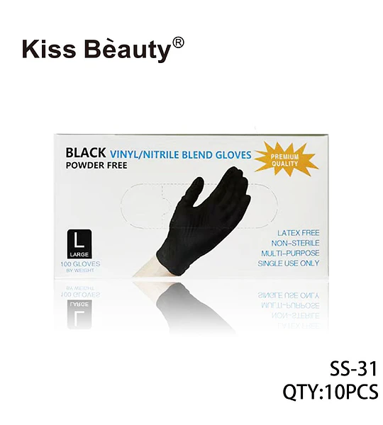 Guantes desechables negros Kiss Bèauty de vinilo/nitrilo sin polvo, talla L