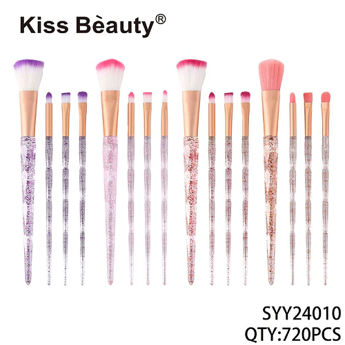 Set de Brochas de Maquillaje Kiss Bèauty con Mangos Glitter y Cerdas Bicolores - Chuys Beautys | Chuy's Beautys