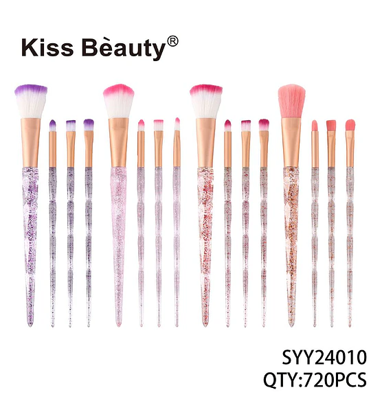Set de Brochas de Maquillaje Kiss Bèauty con Mangos Glitter y Cerdas Bicolores