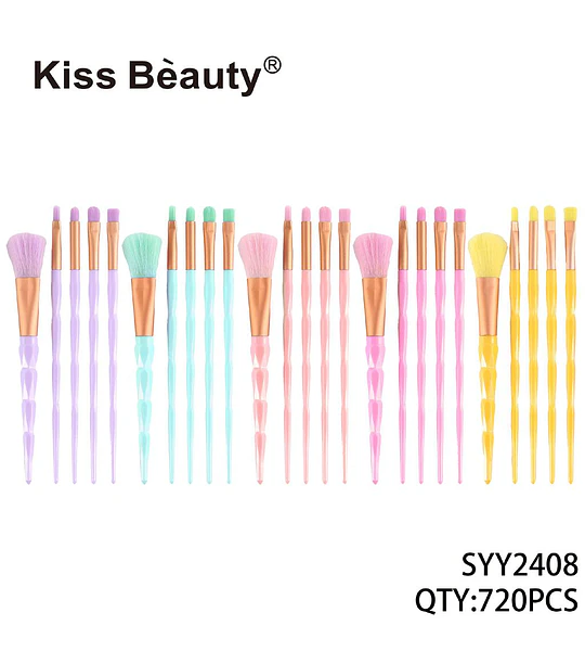 Set de 20 brochas de maquillaje Kiss Bèauty con mangos facetados en colores pastel