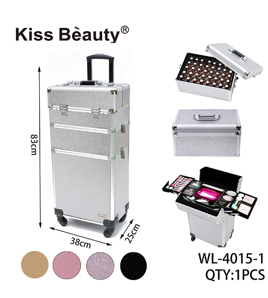 Maleta Profesional de Maquillaje con Ruedas Kiss Bèauty Glitter Plateado