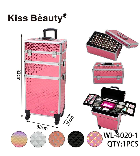 Maleta de maquillaje profesional de 3 niveles rosa brillante Kiss Bèauty
