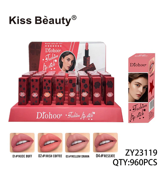 Labial Mate Suave Diohoo Fashion Lipstick con 4 Tonos Vibrantes