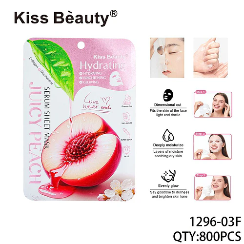 Mascarilla facial de tela Kiss Beauty de durazno hidratante e iluminadora - Chuys Beautys | Chuy's Beautys