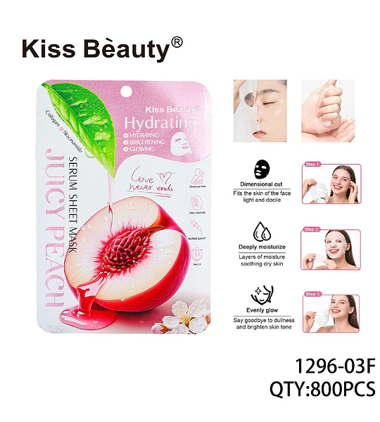 Mascarilla facial de tela Kiss Beauty de durazno hidratante e iluminadora