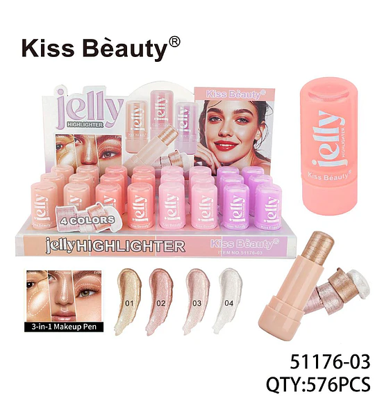 Iluminador en Barra Efecto Jelly 3-en-1 Kiss Beauty con 4 Tonos