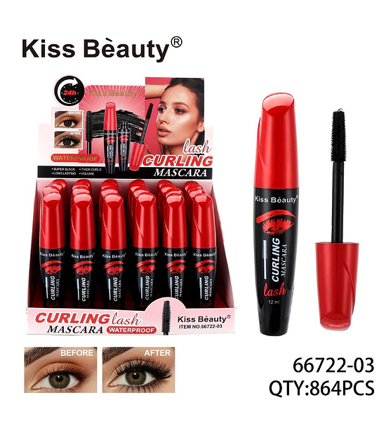 Máscara de Pestañas Kiss Beauty Curling Waterproof Super Negra 24H