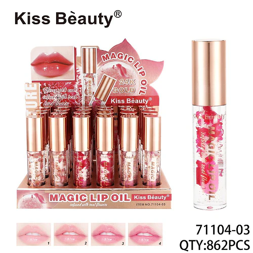 Aceite labial mágico Kiss Beauty con flores reales y acabado glossy - Chuys Beautys | Chuy's Beautys