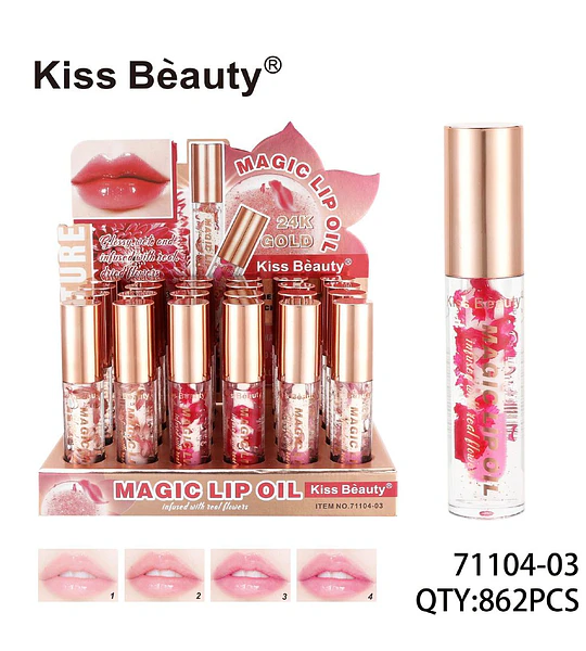 Aceite labial mágico Kiss Beauty con flores reales y acabado glossy