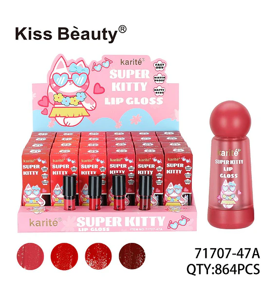 Brillo labial Karité Super Kitty de secado rápido, a prueba de agua y tonos mate