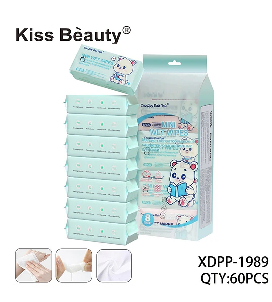 Toallitas húmedas mini con extractos de plantas y pH balanceado Kiss Bèauty, 60 unidades