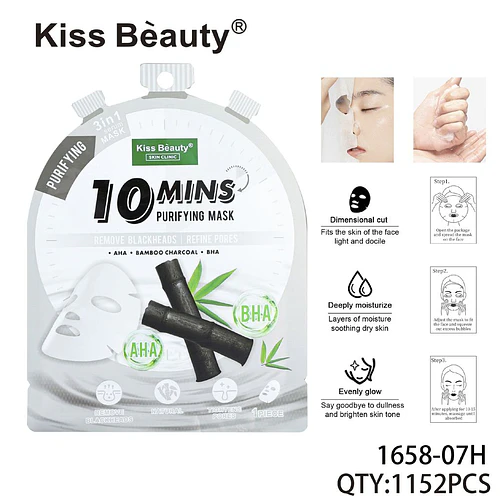 Mascarilla Facial Purificante 10 Minutos con Carbón de Bambú AHA BHA Kiss Beauty - Chuys Beautys | Chuy's Beautys