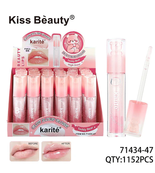 Brillo labial voluminizador Karité Glow Plump Glossy con diseño de osito