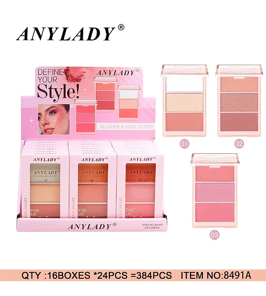 Paleta de Rubor e Iluminador 3 en 1 AnyLady Define Your Style