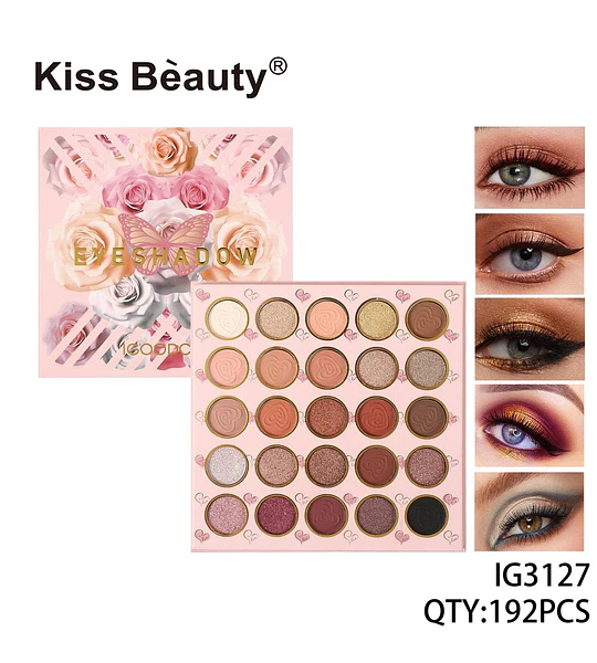 Paleta de Sombras de Ojos Kiss Bèauty con 25 Tonos Rosas y Neutros