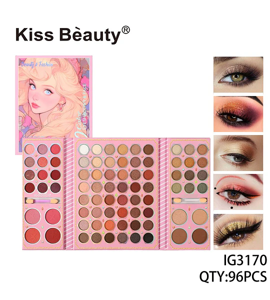 Paleta de Maquillaje Completa 96 Tonos Ojos y Rostro Kiss Beauty