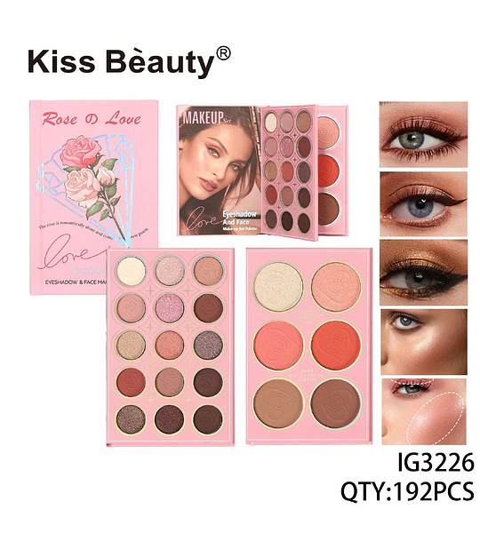 Paleta de Maquillaje Completa Tonos Rosa y Nude Kiss Bèauty para Ojos y Rostro
