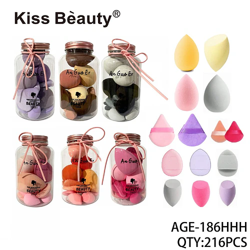Set de esponjas de maquillaje Kiss Bèauty en frascos, con variedad de formas y colores para aplicación precisa - Chuys Beautys | Chuy's Beautys