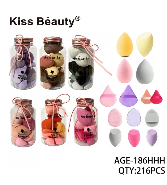 Set de esponjas de maquillaje Kiss Bèauty en frascos, con variedad de formas y colores para aplicación precisa