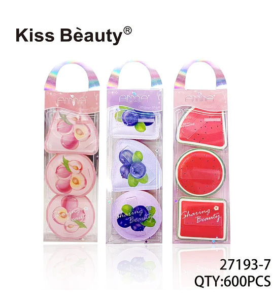 Set de 3 esponjas de maquillaje suaves con diseños frutales Kiss Beauty