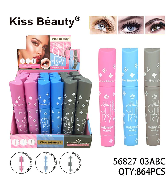 Máscara de Pestañas Waterproof Volumen y Rizado Larga Duración Kiss Beauty