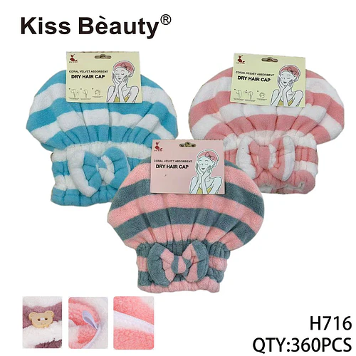 Toalla Gorro Absorbente para Secado de Cabello Coral Velvet Rayado con Moño Kiss Beauty - Chuys Beautys | Chuy's Beautys