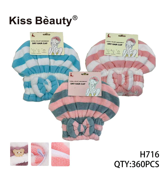 Toalla Gorro Absorbente para Secado de Cabello Coral Velvet Rayado con Moño Kiss Beauty