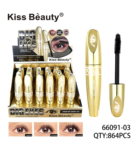 Máscara de Pestañas Voluminizadora Big Eyes Kiss Bèauty 24H Duración
