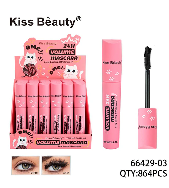 Máscara de Pestañas Kiss Beauty 24H Volumen Larga Duración a Prueba de Agua