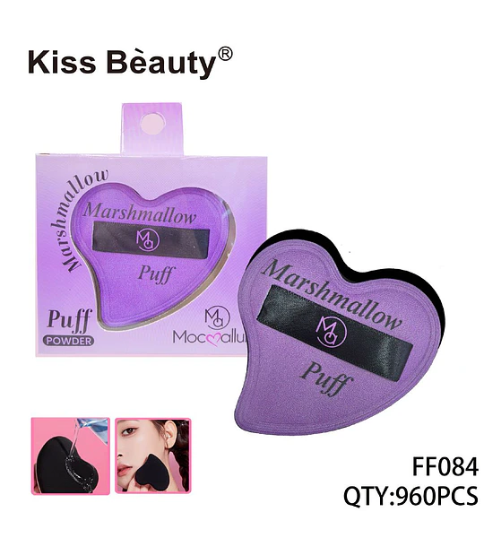 Borla de maquillaje Marshmallow Kiss Bèauty en forma de corazón para polvo y base