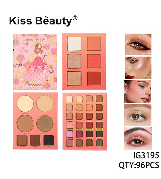 Set de Maquillaje Completo Kiss Bèauty con Paletas de Ojos, Rostro y Contorno