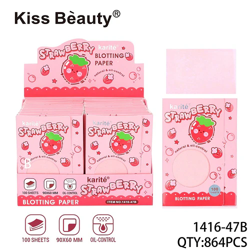 Papel absorbente de grasa Kiss Beauty Karité Fresa para control de brillo - Chuys Beautys | Chuy's Beautys