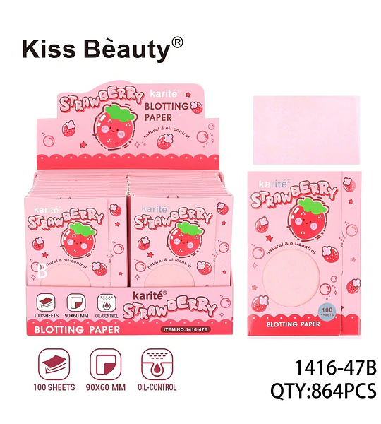 Papel absorbente de grasa Kiss Beauty Karité Fresa para control de brillo