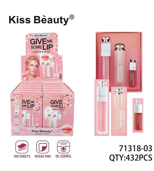 Kiss Beauty Set de Aceite Hidratante y Bálsamo Labial Color Revividor