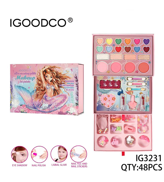 Set de Maquillaje y Accesorios Infantil IGOODCO® Temática Sirena 48 Piezas