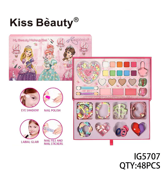 Set de Maquillaje y Accesorios para Niñas Kiss Bèauty con 48 Piezas