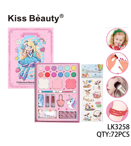 Set de Maquillaje y Accesorios Infantil Kiss Bèauty con 72 Piezas