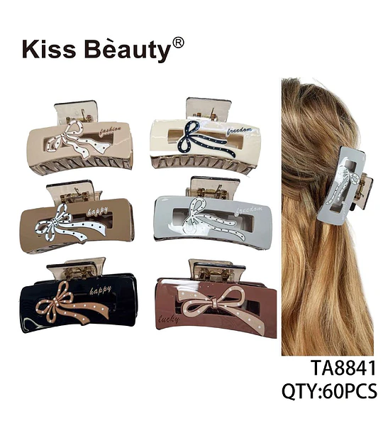 Pinzas para el cabello rectangulares Kiss Beauty con diseño de lazo y texto variado