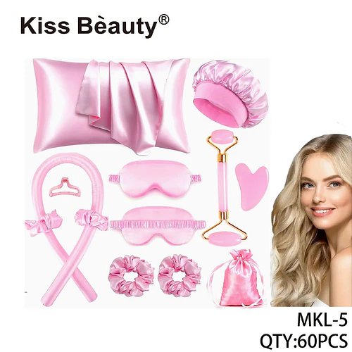 Set de Accesorios de Belleza y Cuidado Capilar de Satén Rosa Kiss Bèauty - Chuys Beautys | Chuy's Beautys